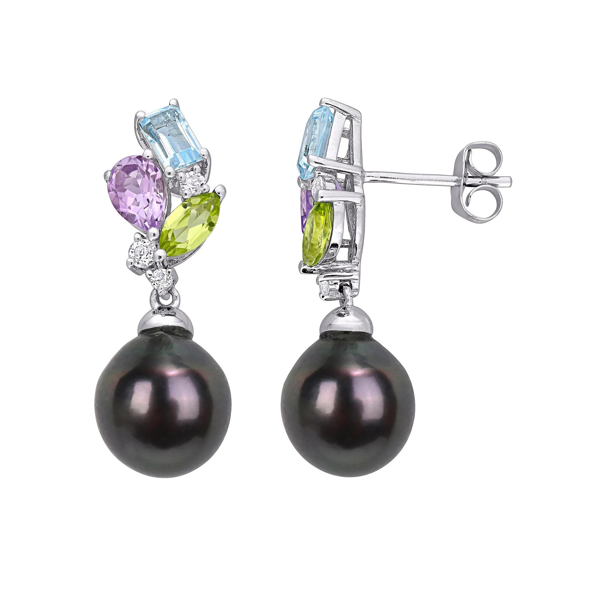 Stella Grace 10k White Gold Multi Gemstone & Black Tahitian Cultured Pearl Drop Earrings, Women's, White Gold Tone Product Image
