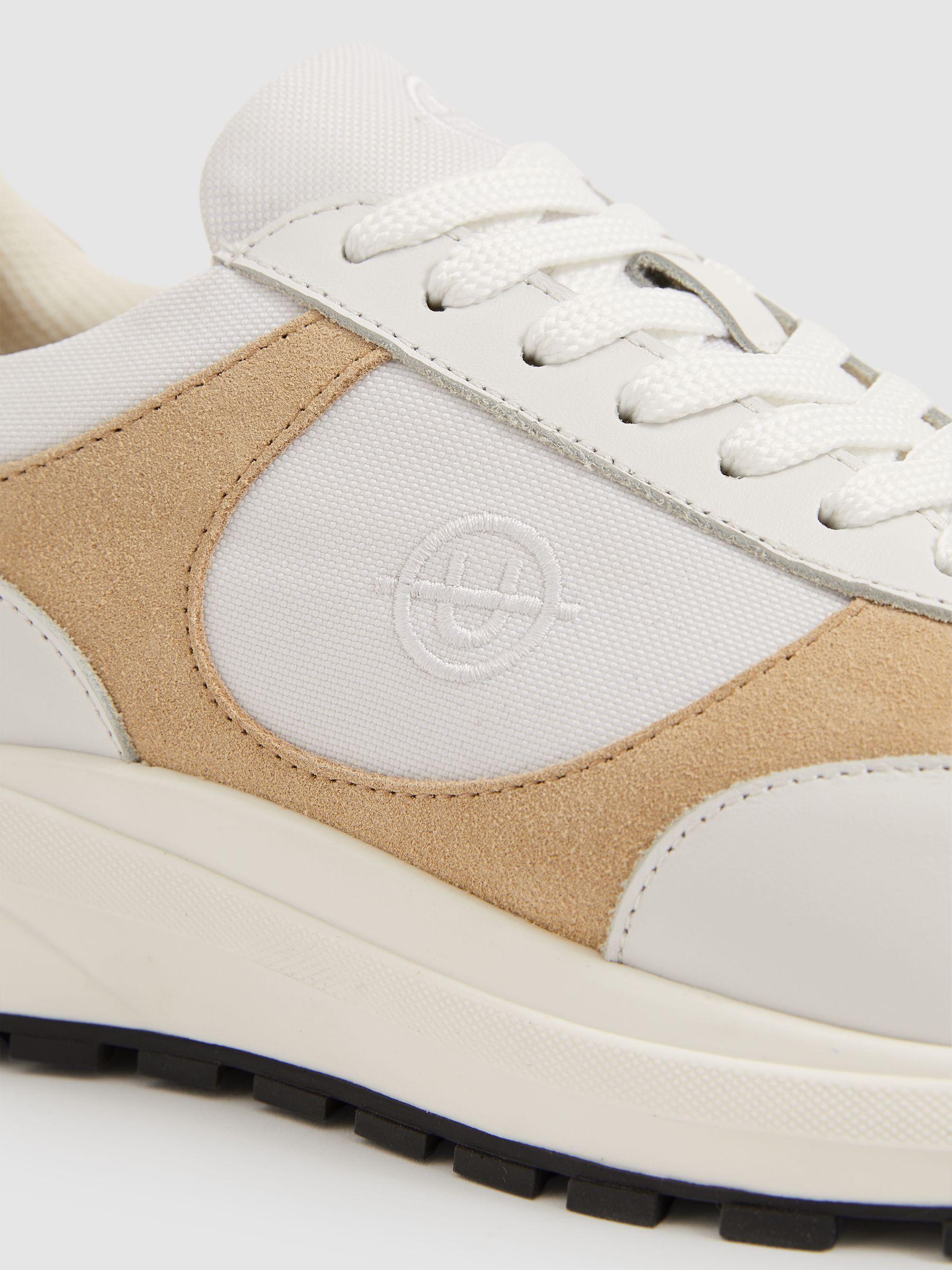 Unseen Suede Leather Colour-Block Trainers in White/Taupe Product Image