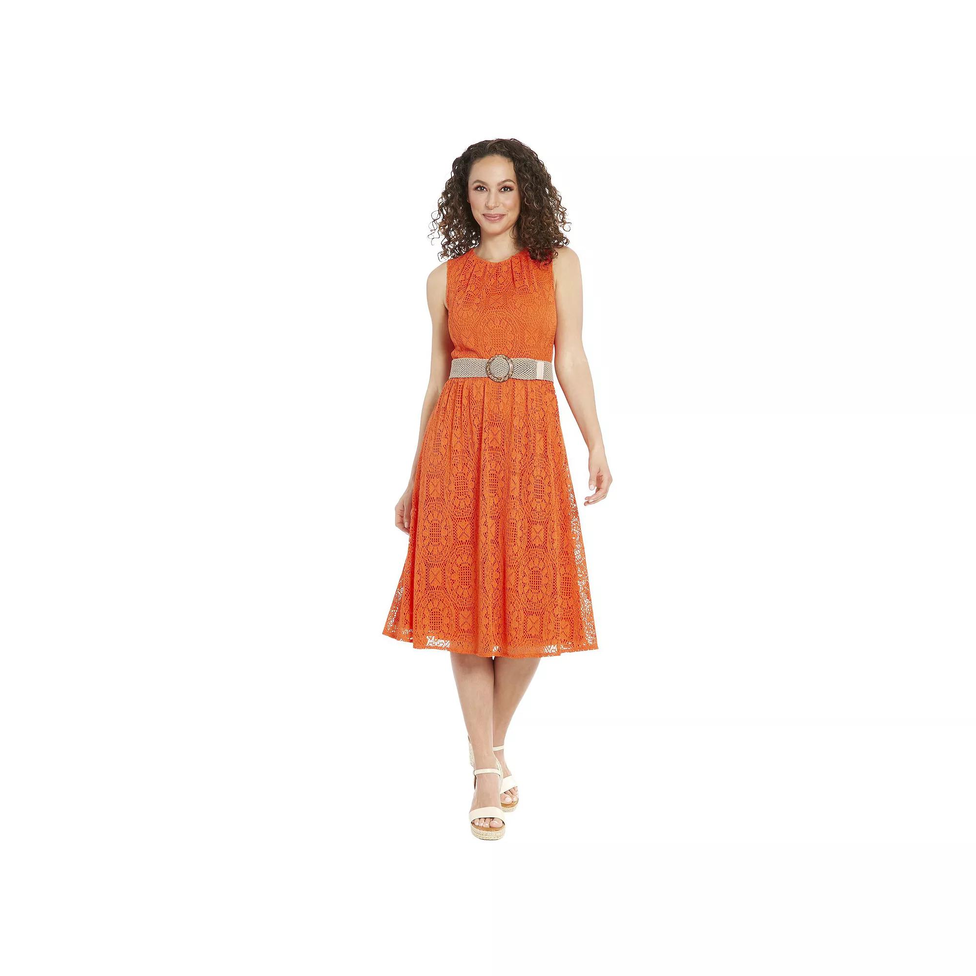 Women's London Times Oval Crochet Jewel Neck Belted Dress, Size: 10, Orange Product Image