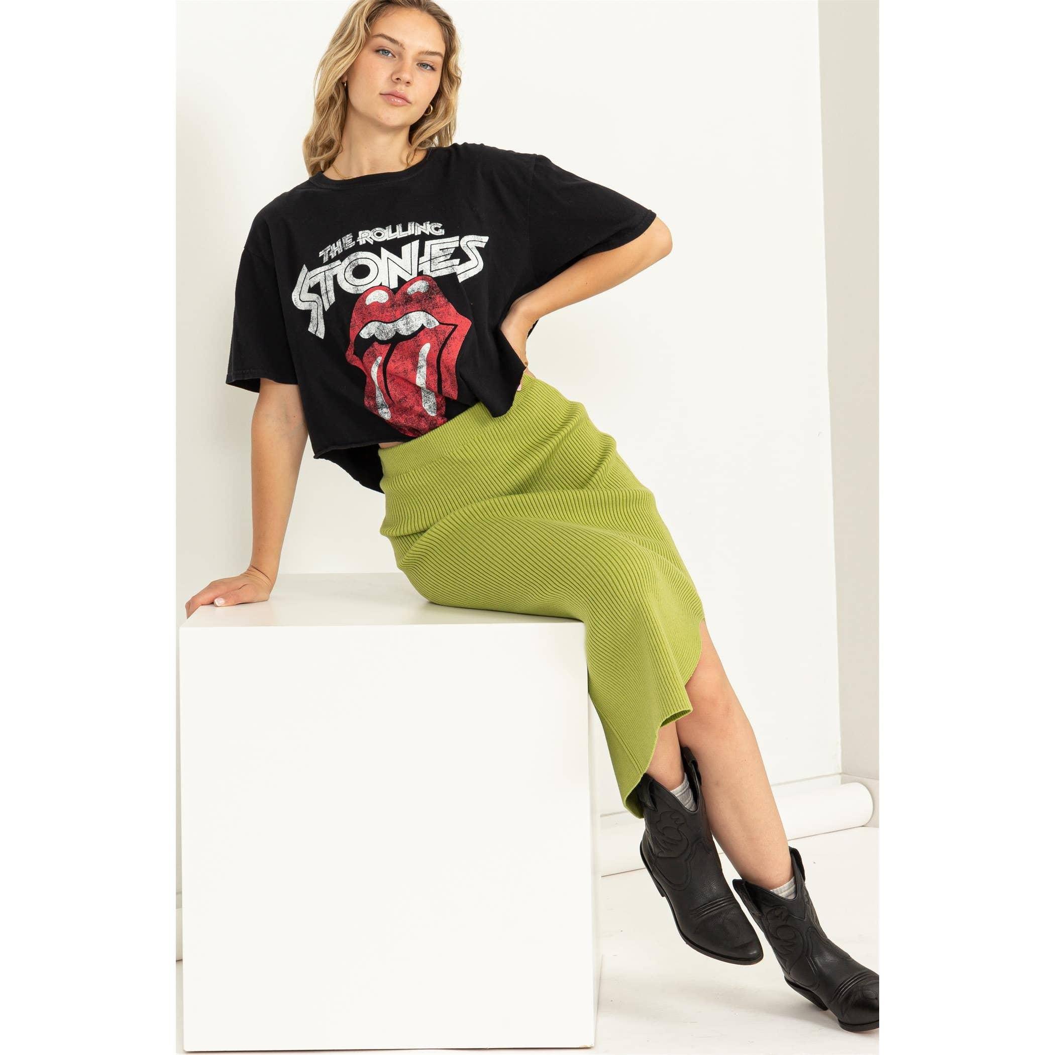 Pale Olive High-waist Ribbed Midi Skirt Product Image