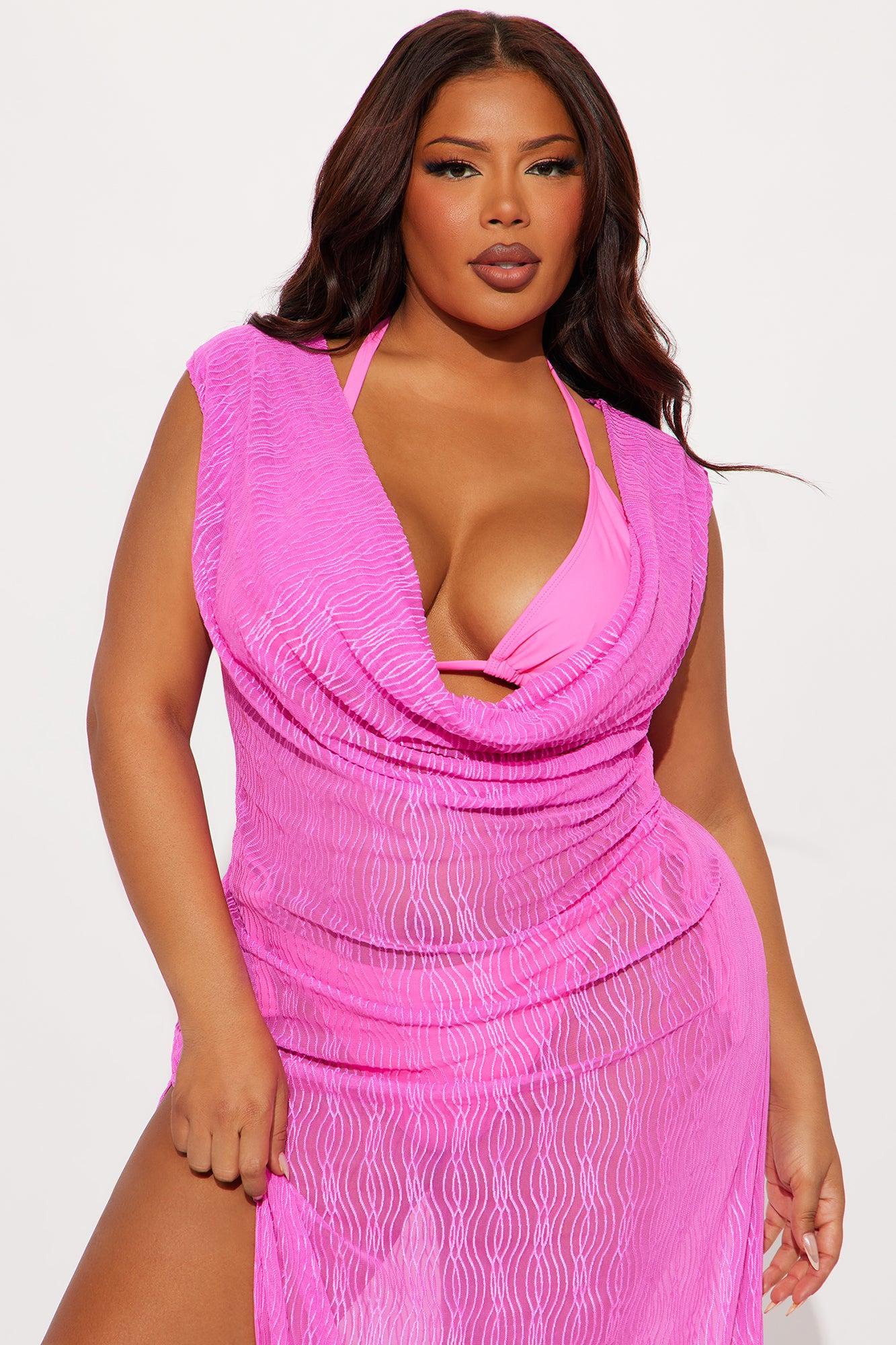 Summer Wave Textured Mesh Cowl Neck Cover Up Maxi Dress - Pink Female Product Image