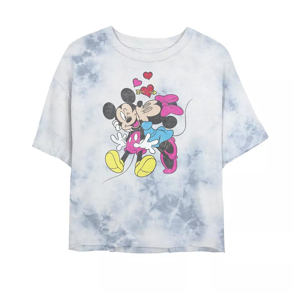 Juniors' Disney Mickey & Friends Valentine Couple Bombard Wash Crop Graphic Tee, Women's, Size: XL, White Blue Product Image