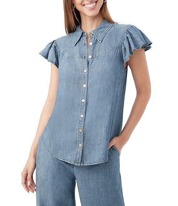 Trina Turk Bali Hai Chambray Point Collar Short Flutter Sleeve Button Front Top Product Image