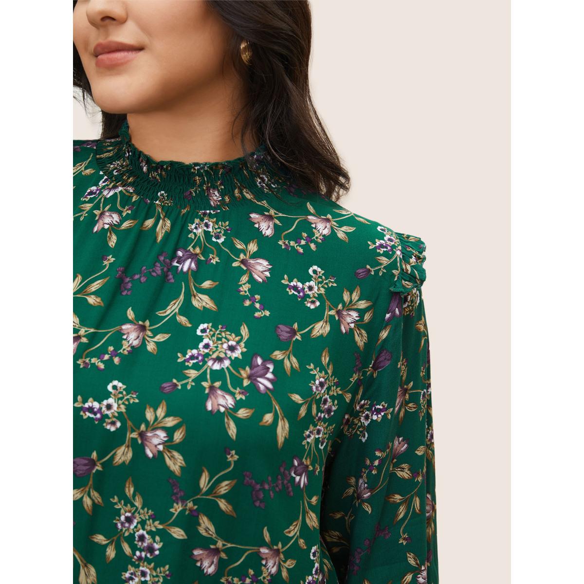 Plus Size DarkGreen Floral Lantern Sleeve Shirred Mock Neck Blouse Women Elegant Long Sleeve Mock Neck Everyday Blouses BloomChic 22-24/3X Product Image