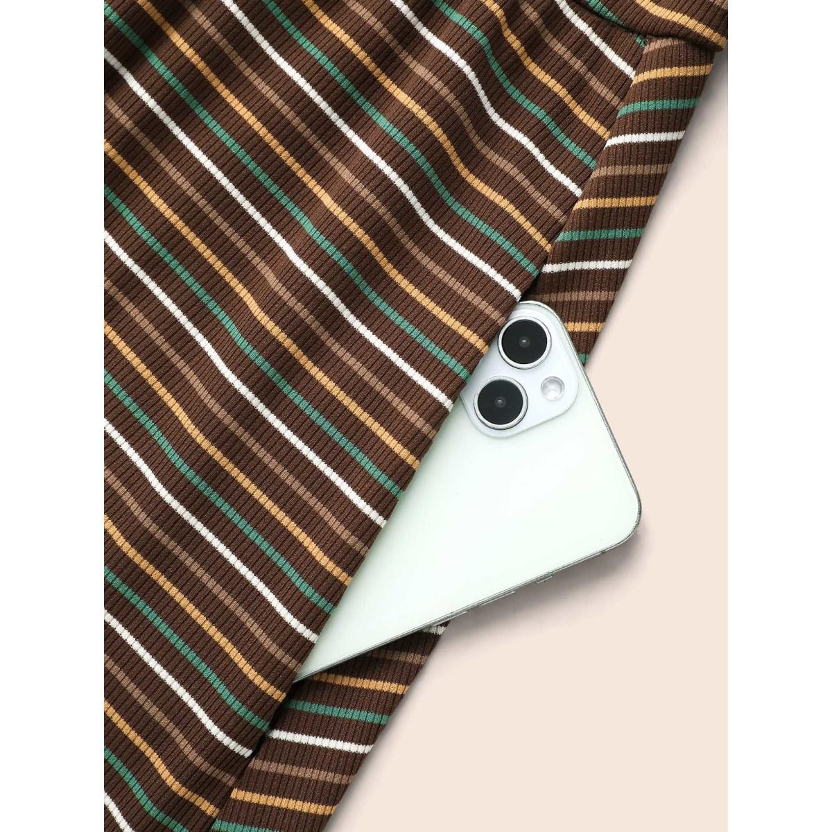 Plus Size Striped Overlap Collar Midi Dress Browncoffeecolor Women Elegant Texture Overlap Collar Long Sleeve Curvy BloomChic 18-20/2X Product Image