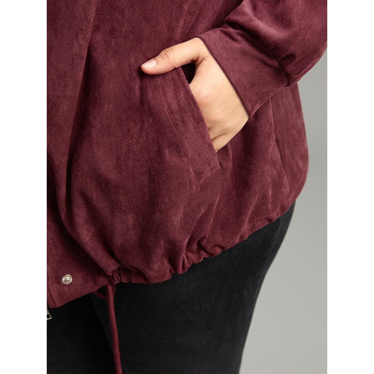 Plus Size Plain Pocket Zipper Fly Drawstring Jacket Women Burgundy Plain Pocket Dailywear Jackets BloomChic 10/M Product Image