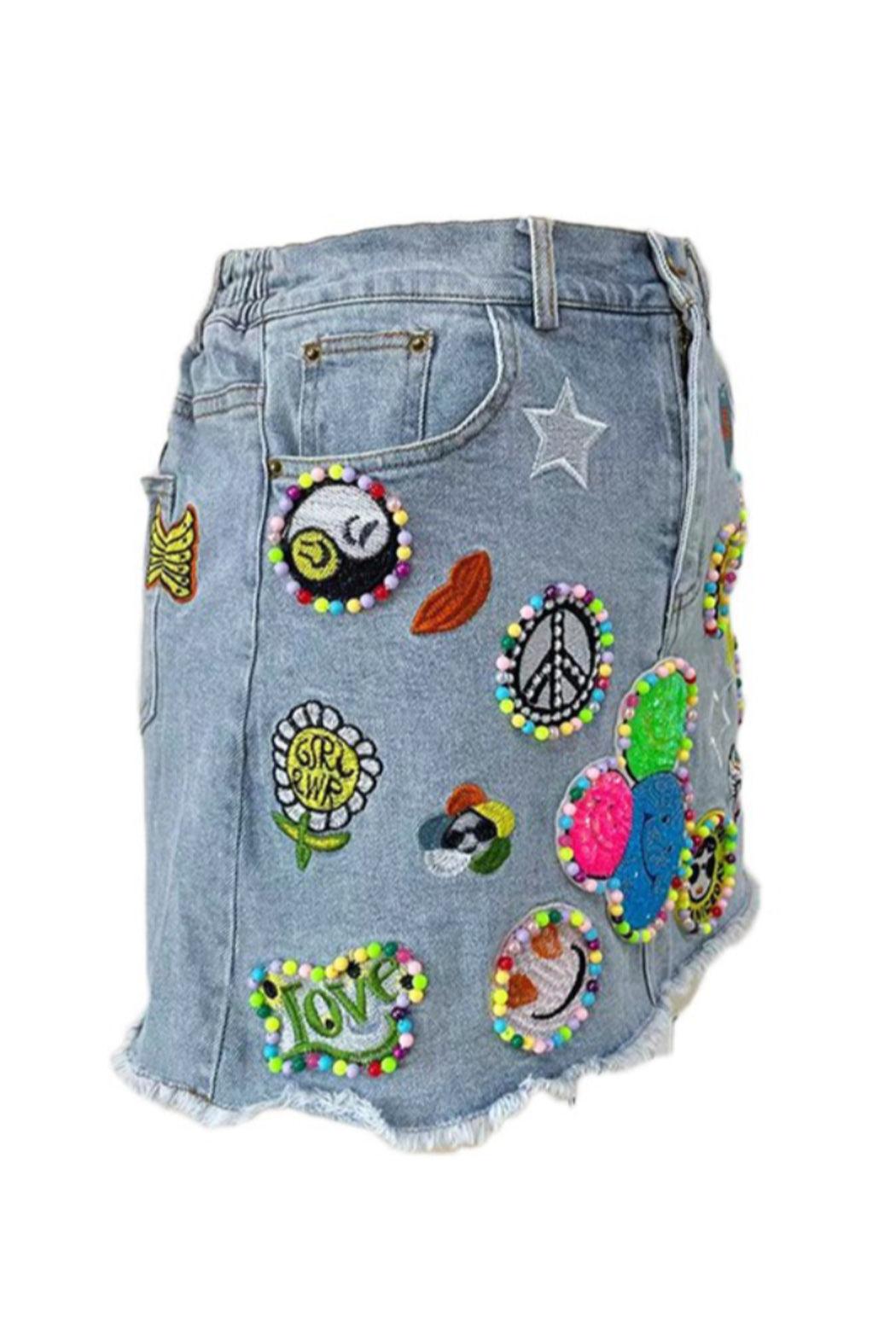 Patched Denim Skirt Product Image