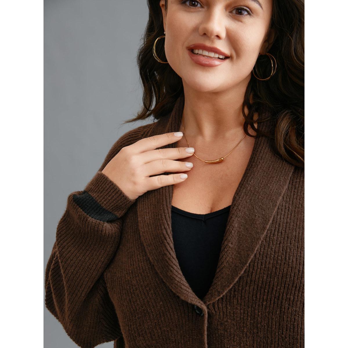 Plus Size Collared Button Front Striped Hem Knit Cardigan DarkBrown Women Casual Loose Long Sleeve Everyday Cardigans BloomChic 26/4X Product Image