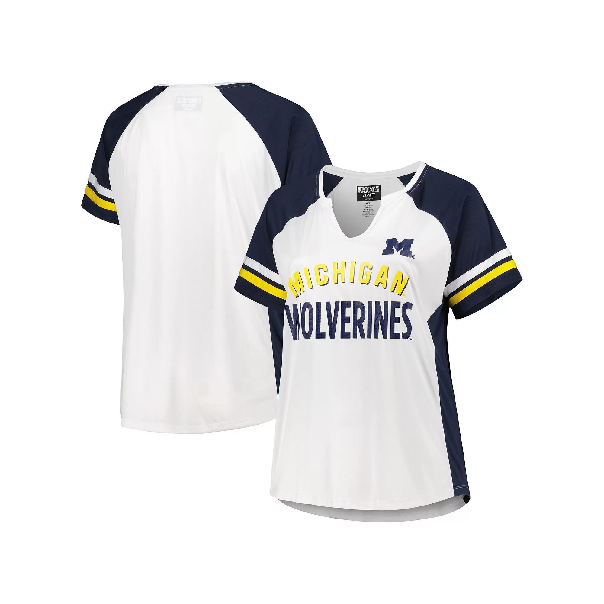 Women's White Michigan Wolverines Plus Size Stripe Raglan Notch Neck T-Shirt, Size: 4XL Product Image