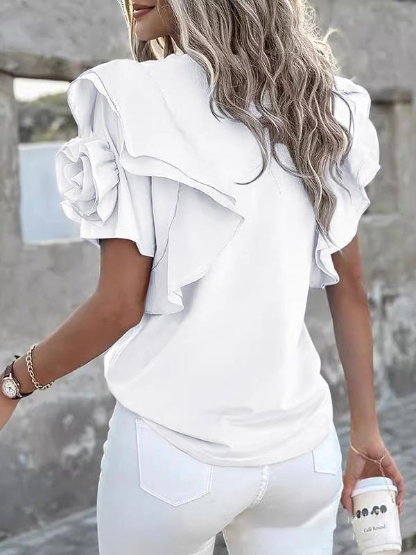 Loose Ruffle Sleeves Ruffled Solid Color Three-Dimensional Flower Round-Neck T-Shirts Tops Product Image