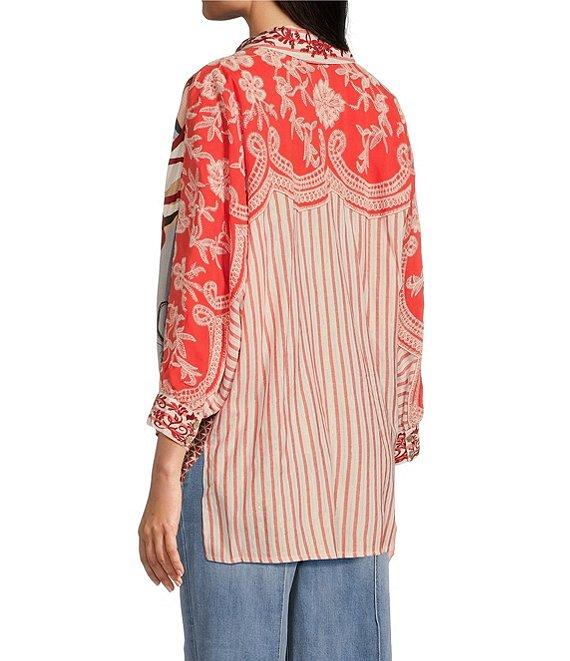 John Mark Yarn Dyed Patch Print Point Collar 3/4 Dolman Sleeve Button Front Top Product Image