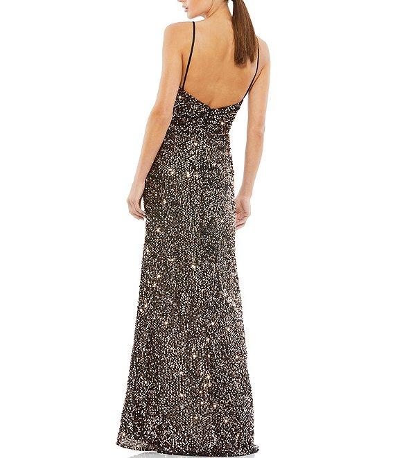 Mac Duggal Sequin V-Neck Sleeveless Faux Wrap Side Slit Gown Product Image
