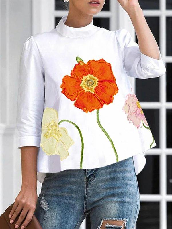 High-low Loose Flower Print Split-Joint Stand Collar T-Shirts Tops Product Image