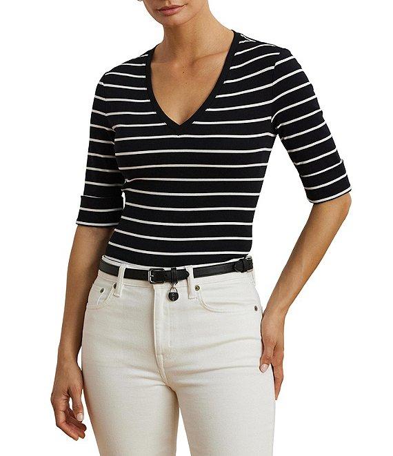 Lauren Ralph Lauren Knit Stripe Stretch Cotton V-Neck Elbow Sleeve Tee Product Image