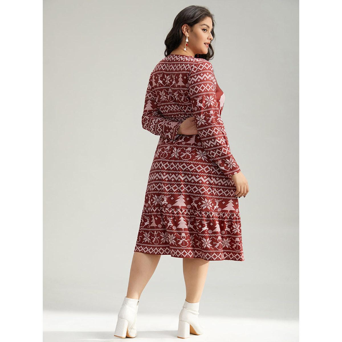 Plus Size Christmas Elk Gathered Ruffle Layered Hem Dress Scarlet Women Casual Printed Round Neck Long Sleeve Curvy Midi Dress BloomChic 14-16/1X Product Image