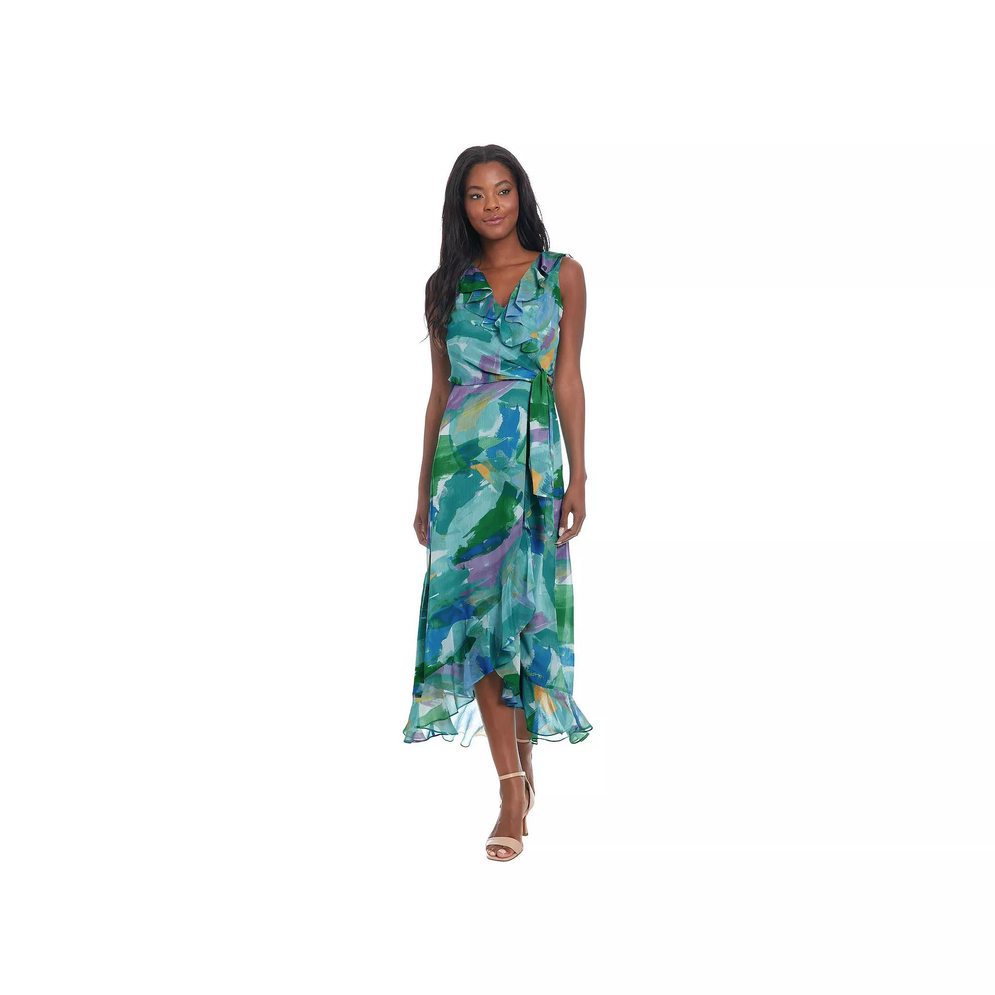 Women's London Times Ruffled Chiffon Maxi Dress, Size: 16, Aqua White Product Image