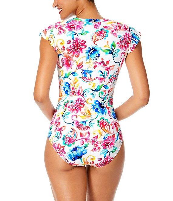 Anne Cole Watercolor Paisley Flutter Sleeves Zip-Up Rashguard One Piece Swimsuit Product Image