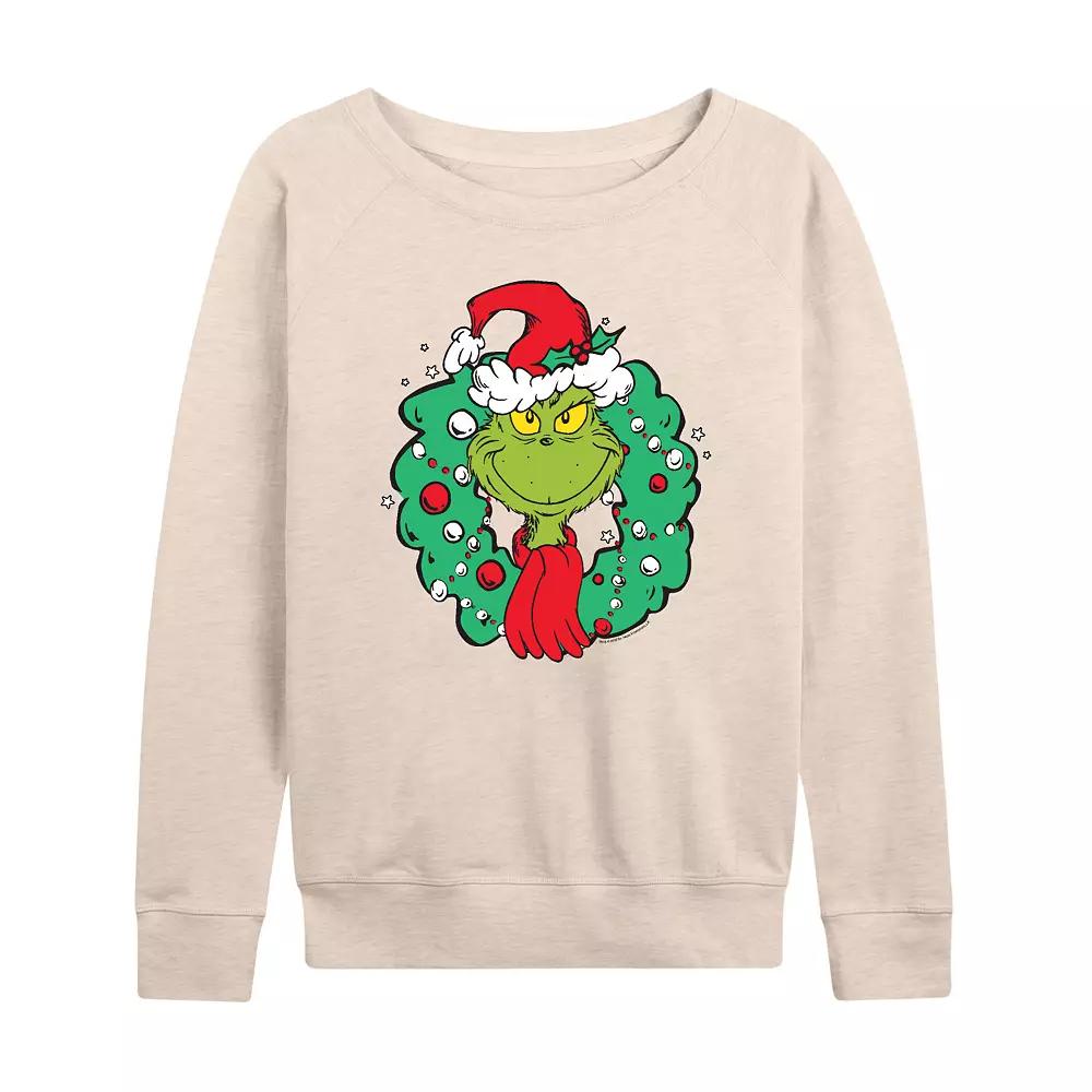 Women's Dr. Seuss The Grinch Wreath French Terry Long Sleeve Tee, Girl's,  Product Image