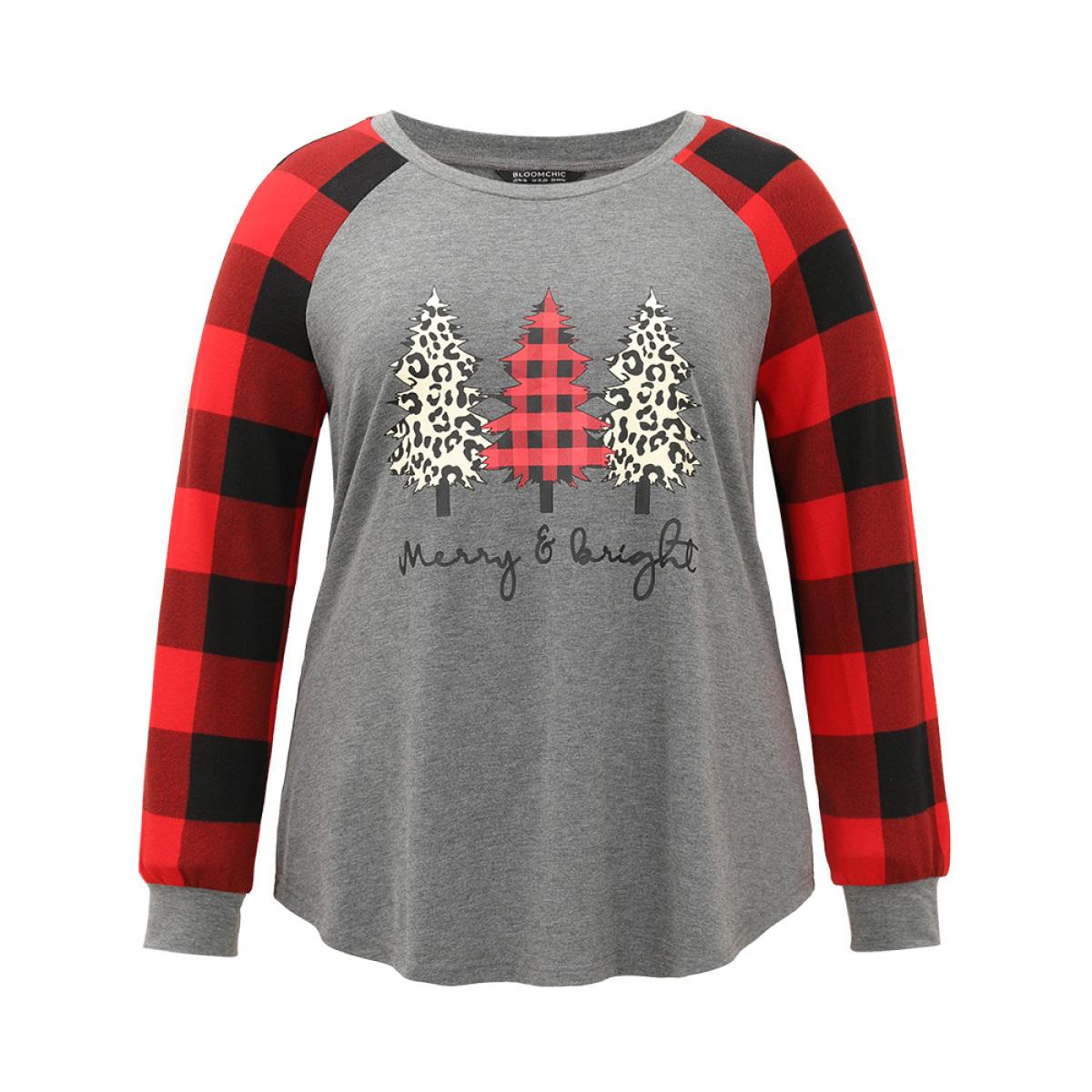 Plus Size Plaid Christmas Trees Round Neck T-shirt Gray Women Casual Contrast Christmas Festival-Christmas T-shirts BloomChic 22-24/3X Product Image