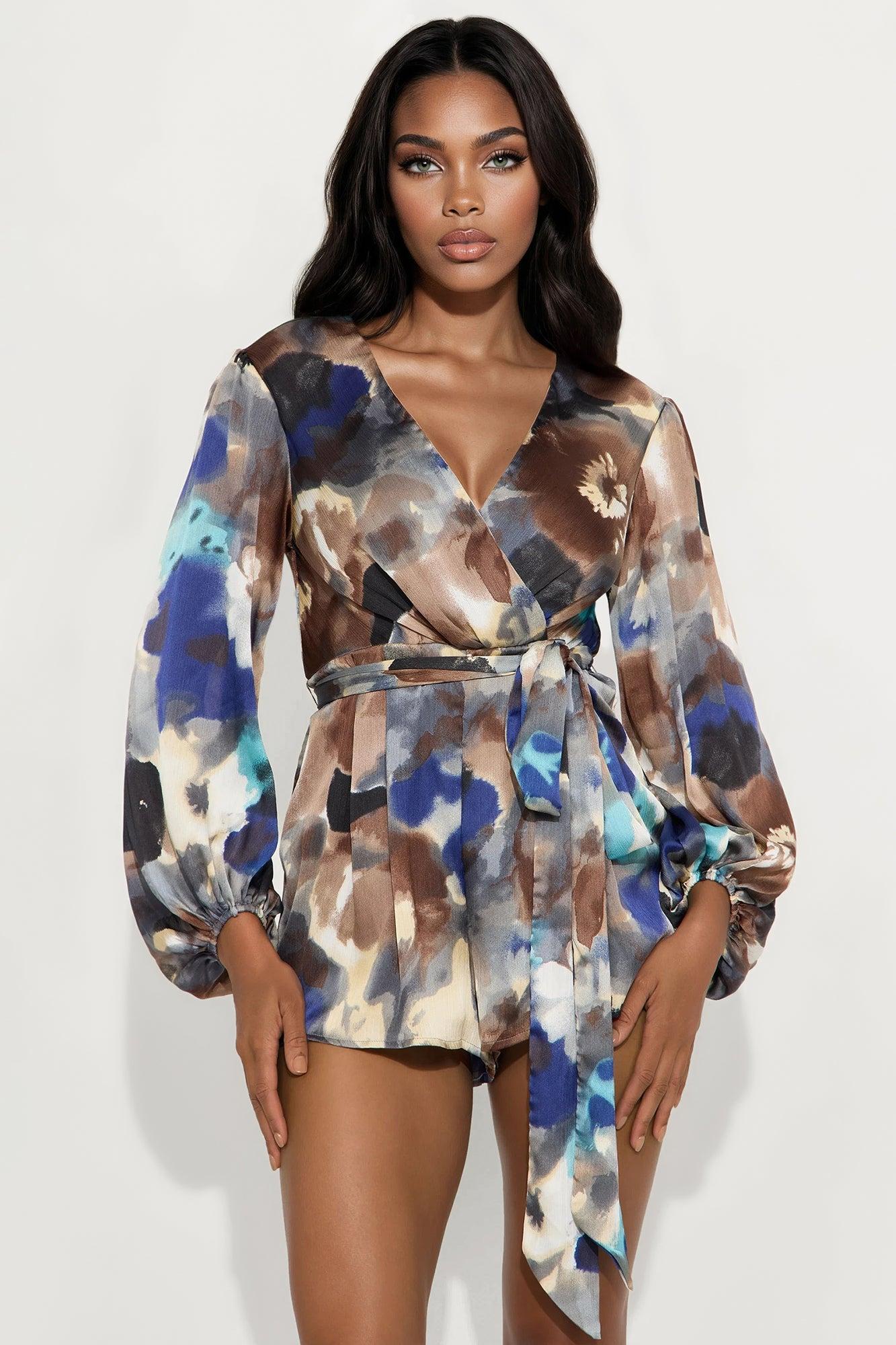 Kamila Abstract Long Sleeve Romper - Grey/combo Female Product Image
