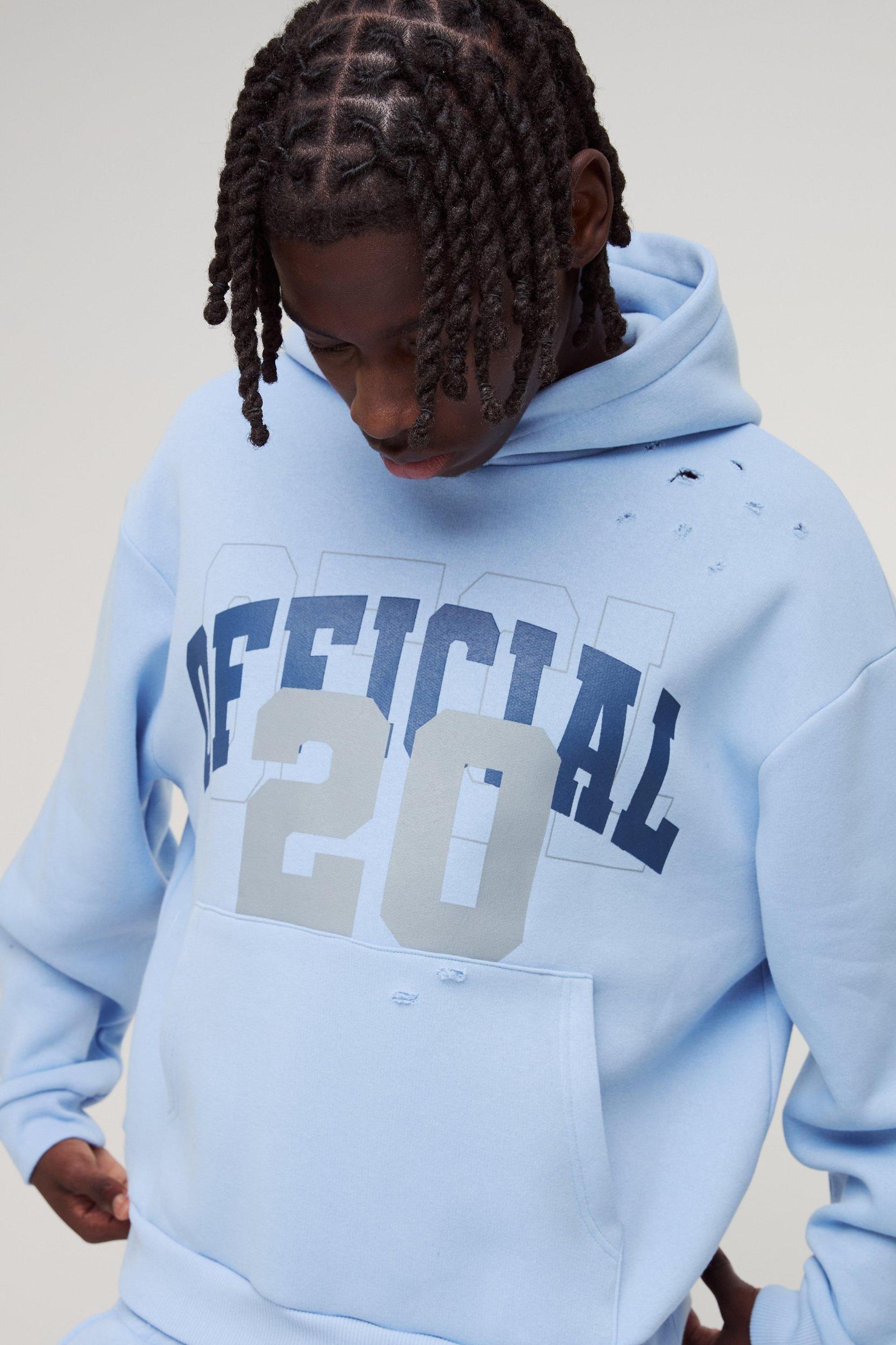 Oversized Boxy Official Varsity Distressed Hoodie | boohooMAN USA Product Image