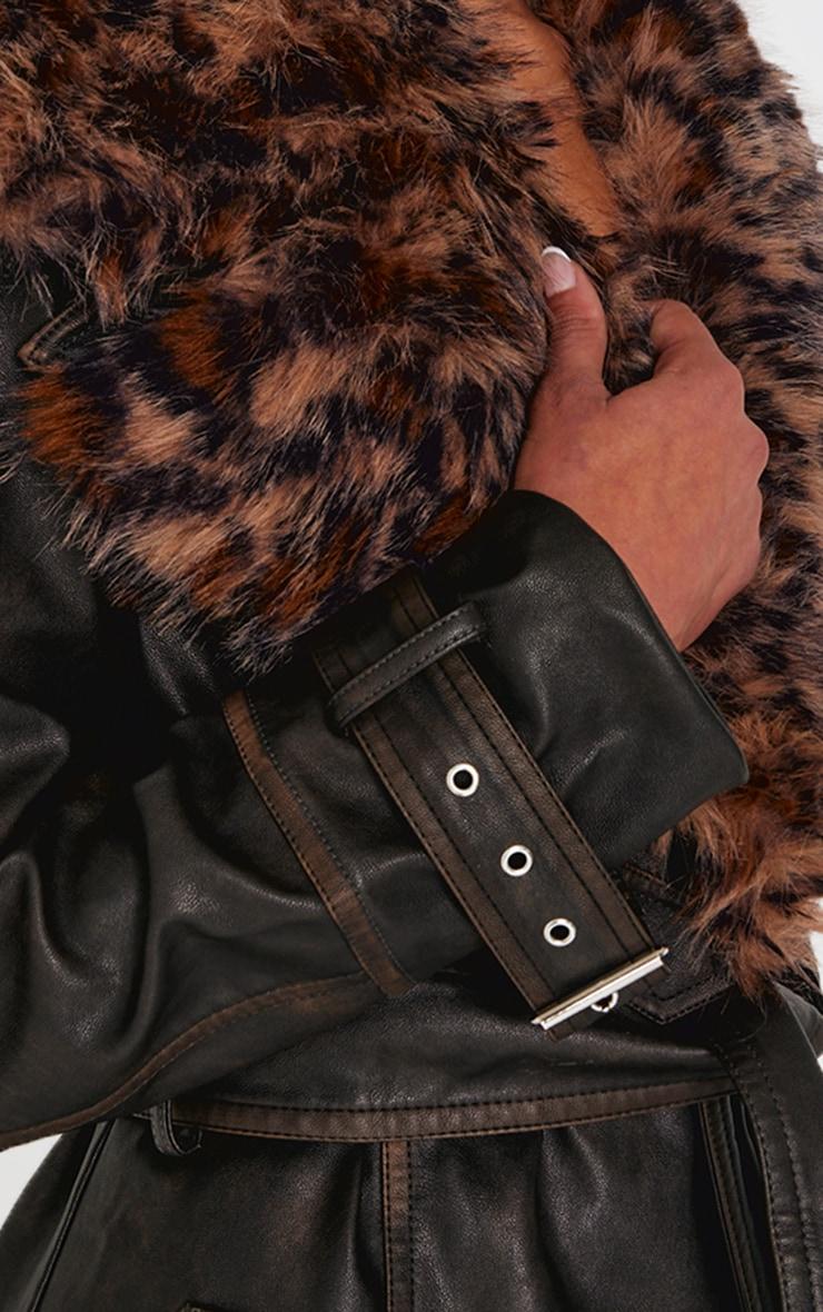 Washed Brown Detachable Leopard Faux Fur Trim PU Trench Coat Product Image