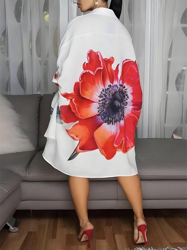 Half Sleeves Loose Buttoned Flower Print Lapel Mini Dresses Shirt Dress Product Image