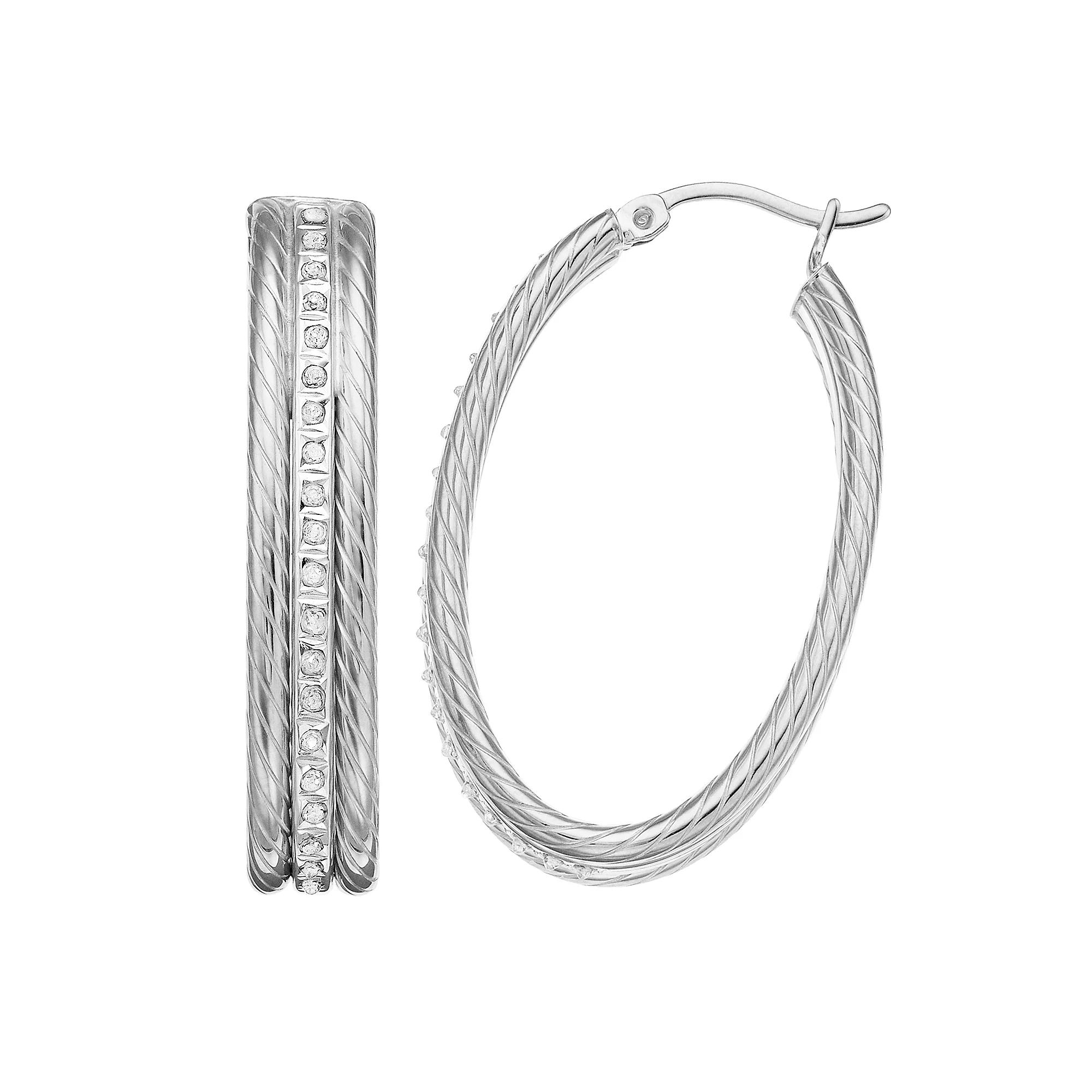 Diamond Mystique Sterling Silver Diamond Accent Oval Rope Hoop Earrings, Women's, White Over Silver Product Image