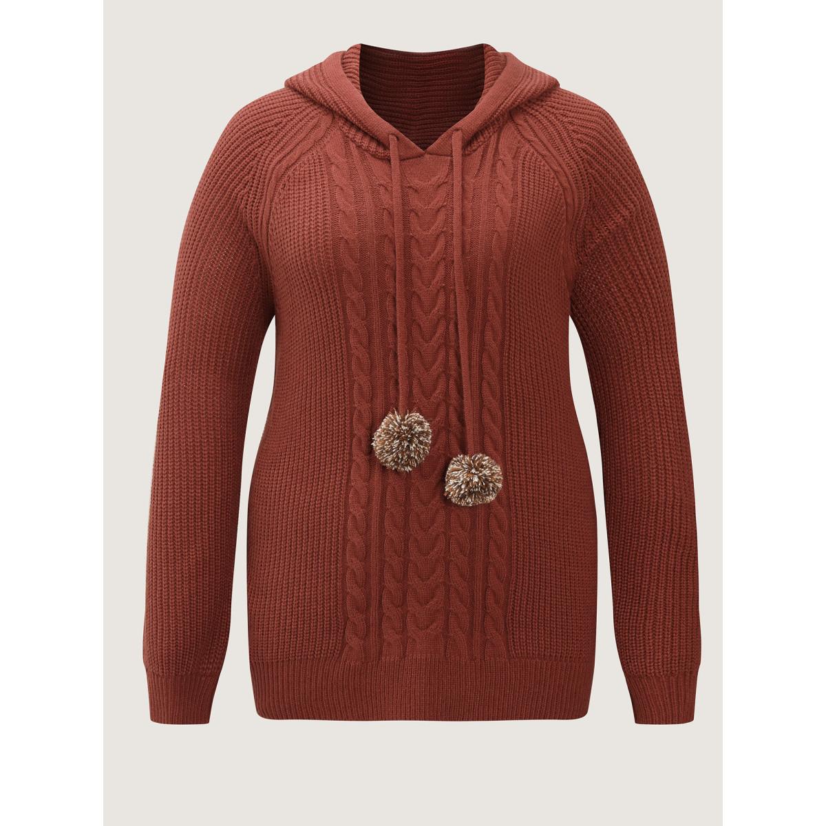 Plus Size Cableknit Raglan Sleeve Hooded Pullover Yellowishbrown Women Playful Loose Long Sleeve Hooded Casual Pullovers BloomChic 30/6X Product Image