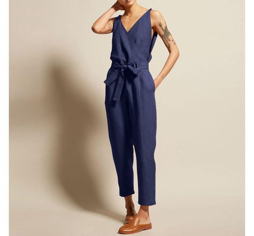 Sleeveless V-Neck Cropped Jumpsuit Product Image