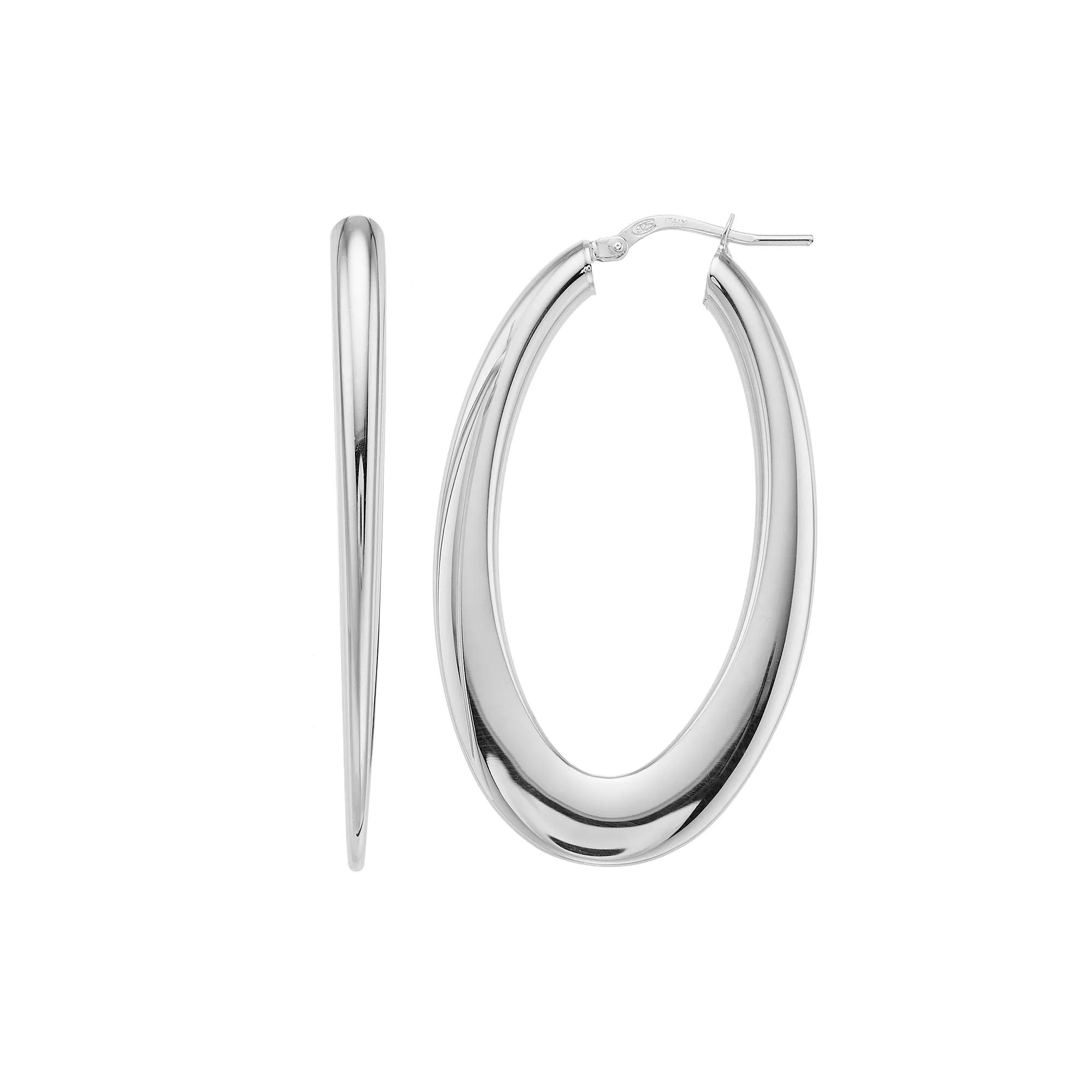 Sterling Silver Flat Oval Hoop Earrings, Women's Product Image