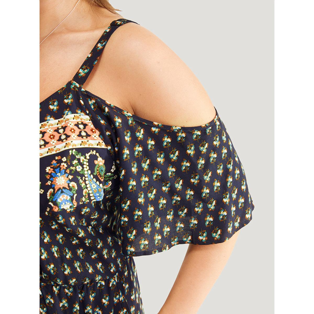 Plus Size Bandana Print Pocket Ruffle Trim Cold Shoulder Maxi Dress Indigo Women Vacation Adjustable Straps V-neck Short sleeve Curvy Maxi Dress BloomChic 12/L Product Image