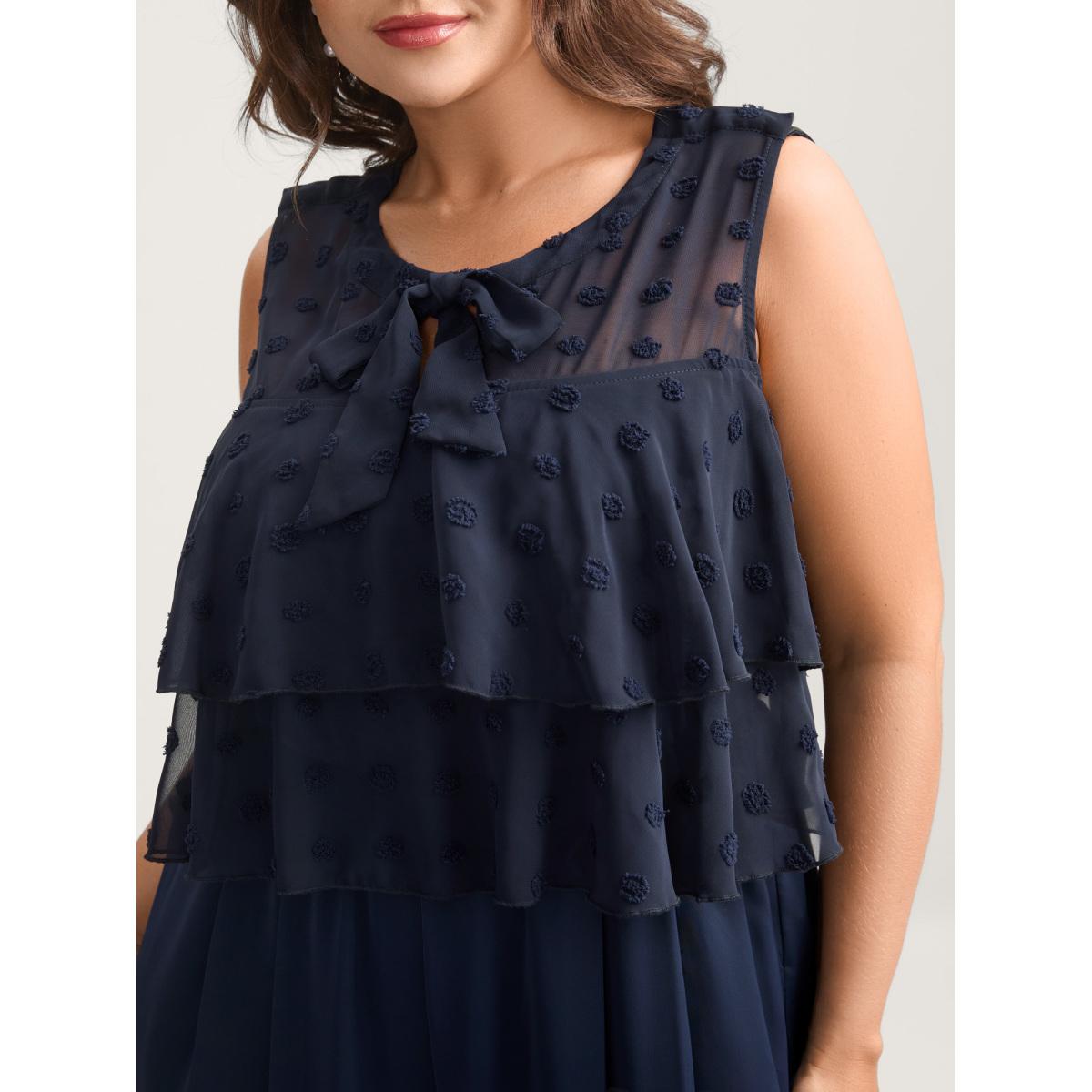 Plus Size Indigo Polka Dots Adjustable Shoulder Sheer Jumpsuit Women Sleeveless Ribbon-tied collar Everyday-Elegant Loose Jumpsuits BloomChic 18-20/2X Product Image