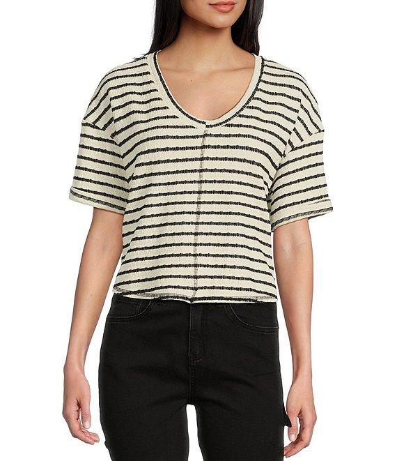 Moa Moa Striped V-Neck Short Sleeve Top Product Image