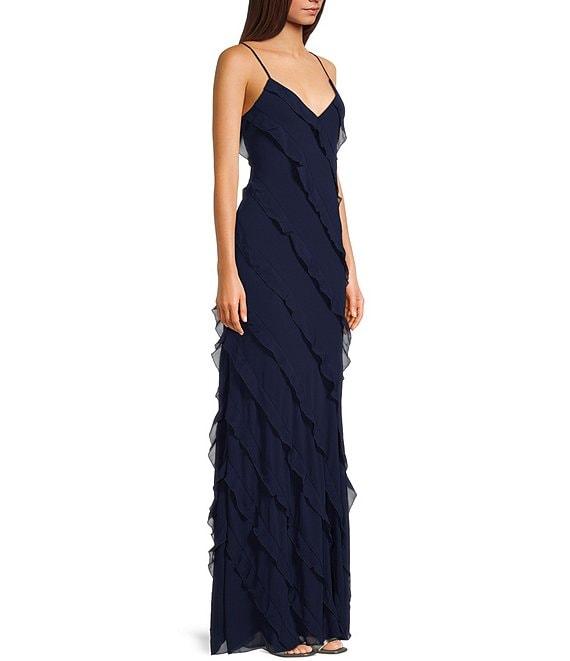 B. Darlin All Over Ruffle Trim V-Neck Spaghetti Strap Long Dress Product Image