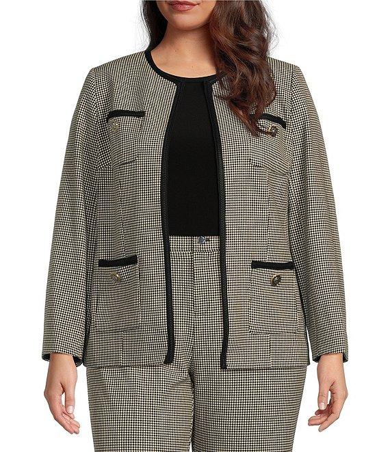 Anne Klein Plus Size Houndstooth Novelty Trim Open Front Collarless Jacket Product Image