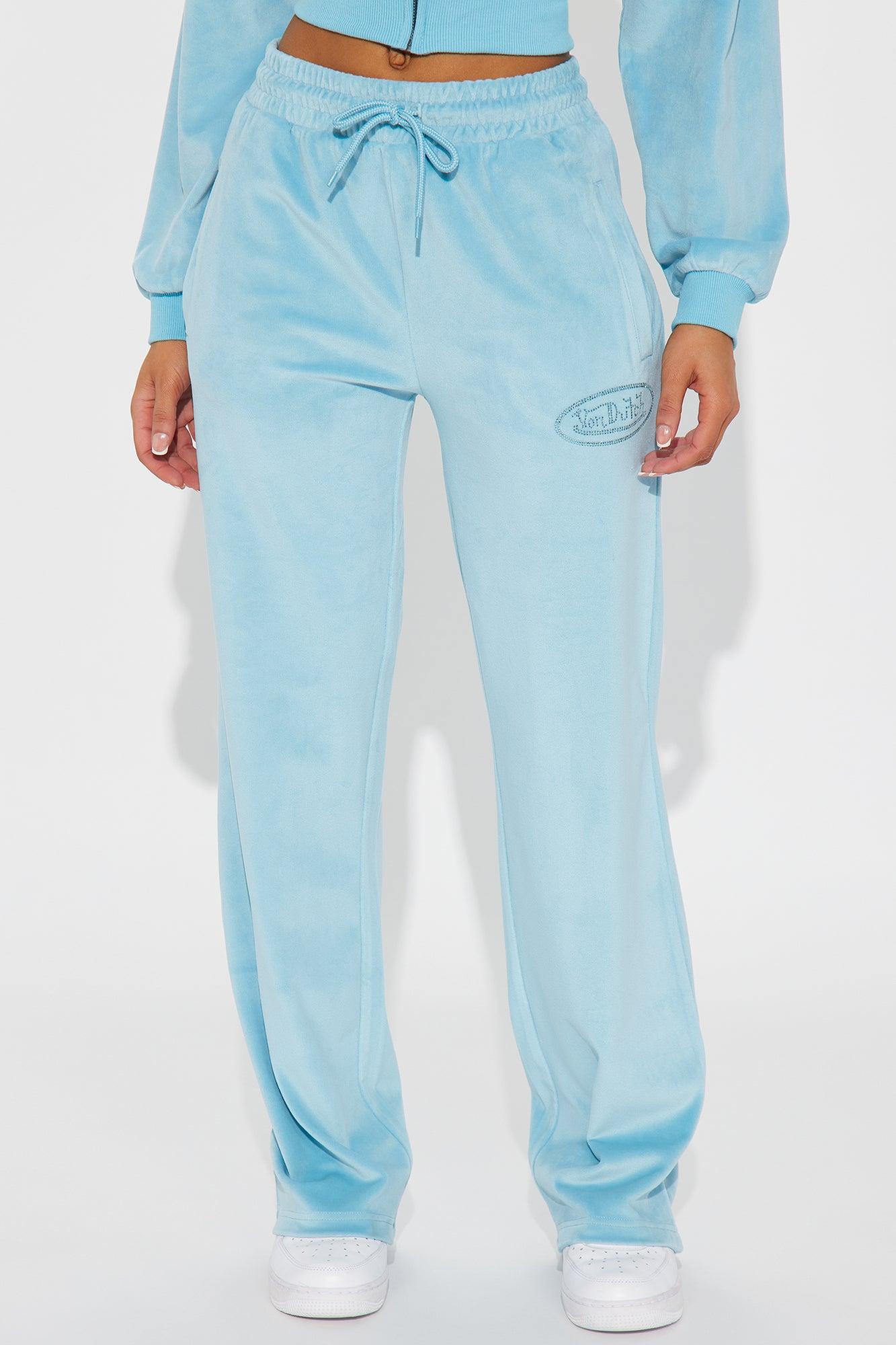 Von Dutch Velour Rhinestone Wide Leg Pant - Blue Product Image