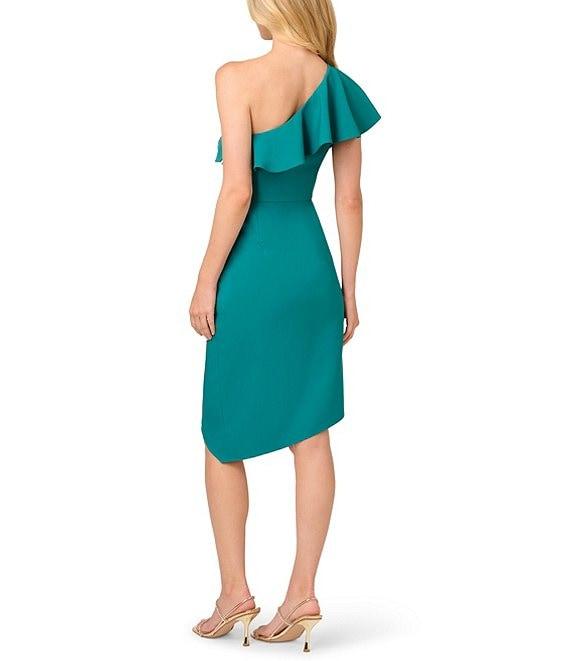 Adrianna by Adrianna Papell Stretch Crepe One Shoulder Ruffle Neck Asymmetrical Hem Wrap Waist Dress Product Image