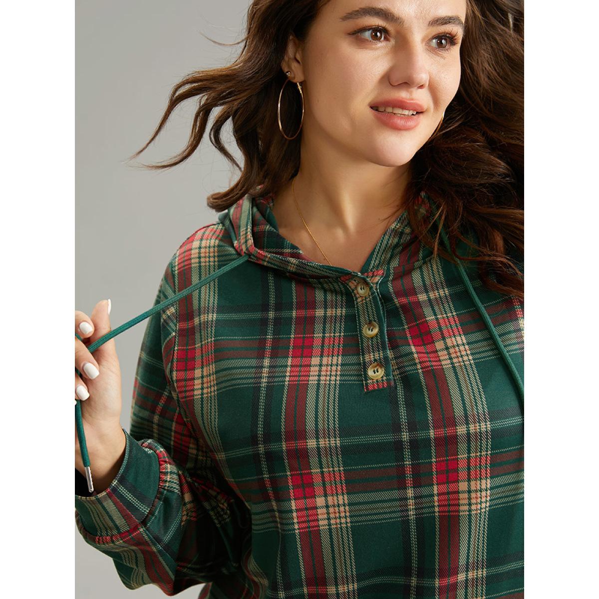 Plus Size Contrast Plaid Button Up Kangaroo Pocket Sweatshirt Women DarkGreen Casual Button Hooded Dailywear Sweatshirts BloomChic 14-16/1X Product Image
