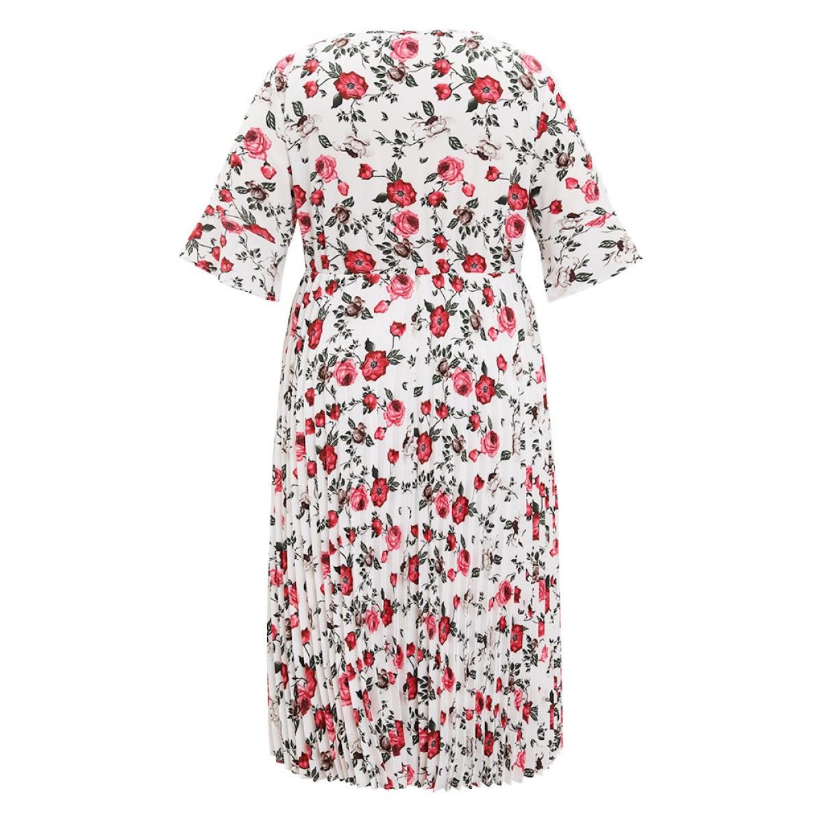 Plus Size Floral Print Pleated Hem Pocket Bell Sleeve Midi Dress Multicolor Women Elegant Pleated Round Neck Half Sleeve Curvy Midi Dress BloomChic 10/M Product Image