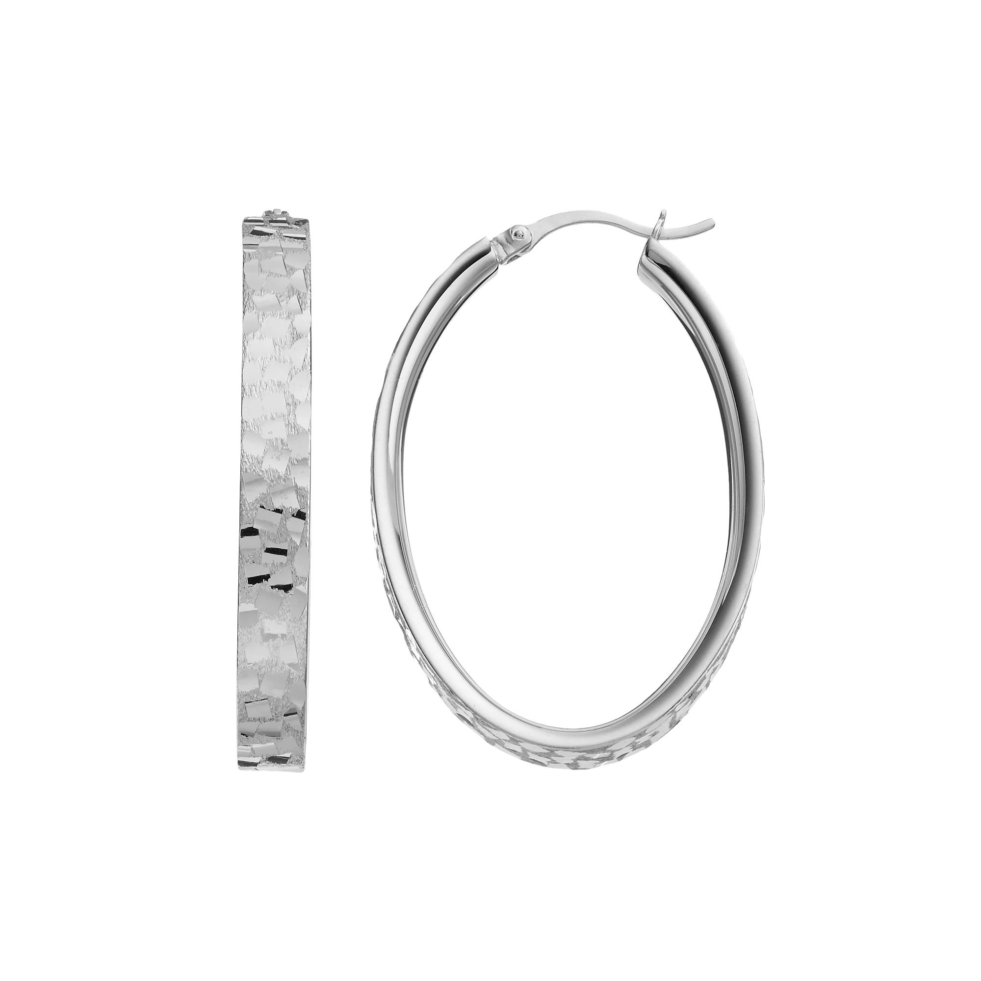 Sterling Silver Oval Hoop Earrings, Women's, White Over Silver Product Image