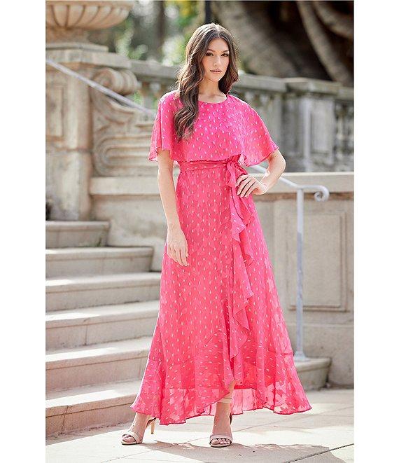 Moda Tara Foil Chiffon Short Capelet Sleeve Crew Neck Ruffle Skirt Maxi Dress Product Image