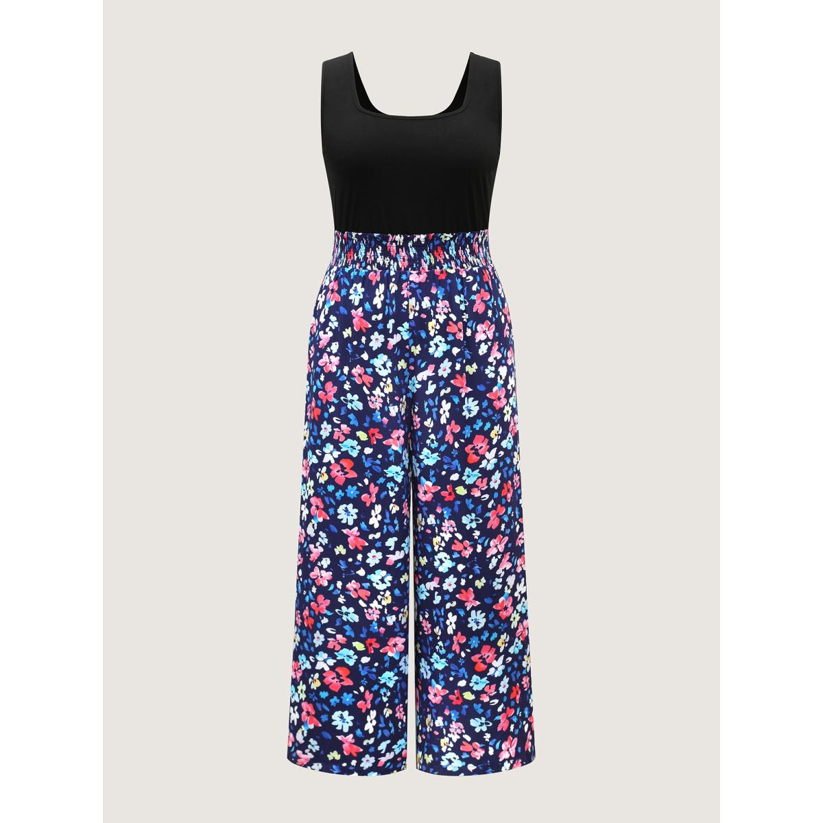 Plus Size DarkBlue Floral Color Contrast Shirred Jumpsuit Women Resort Sleeveless U-neck Vacation Loose Jumpsuits BloomChic 18-20/2X Product Image