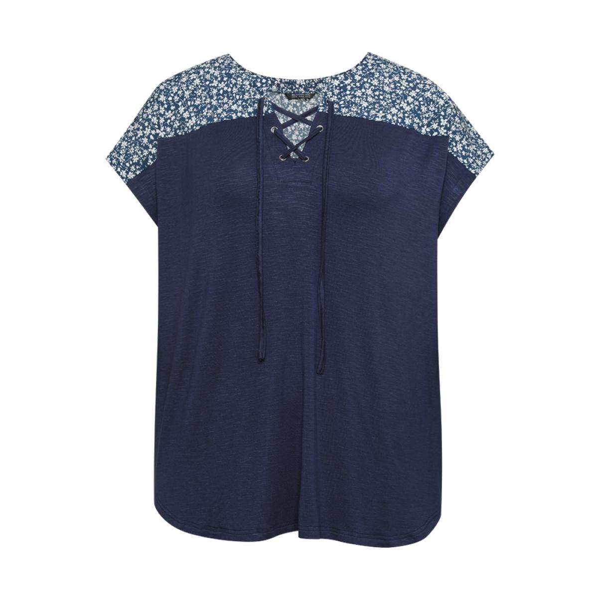 Plus Size Ditsy Floral Patchwork Lace Up Notched T-shirt Indigo Women Elegant Cross straps Ditsy Floral Notched collar Dailywear T-shirts BloomChic 28/5X Product Image