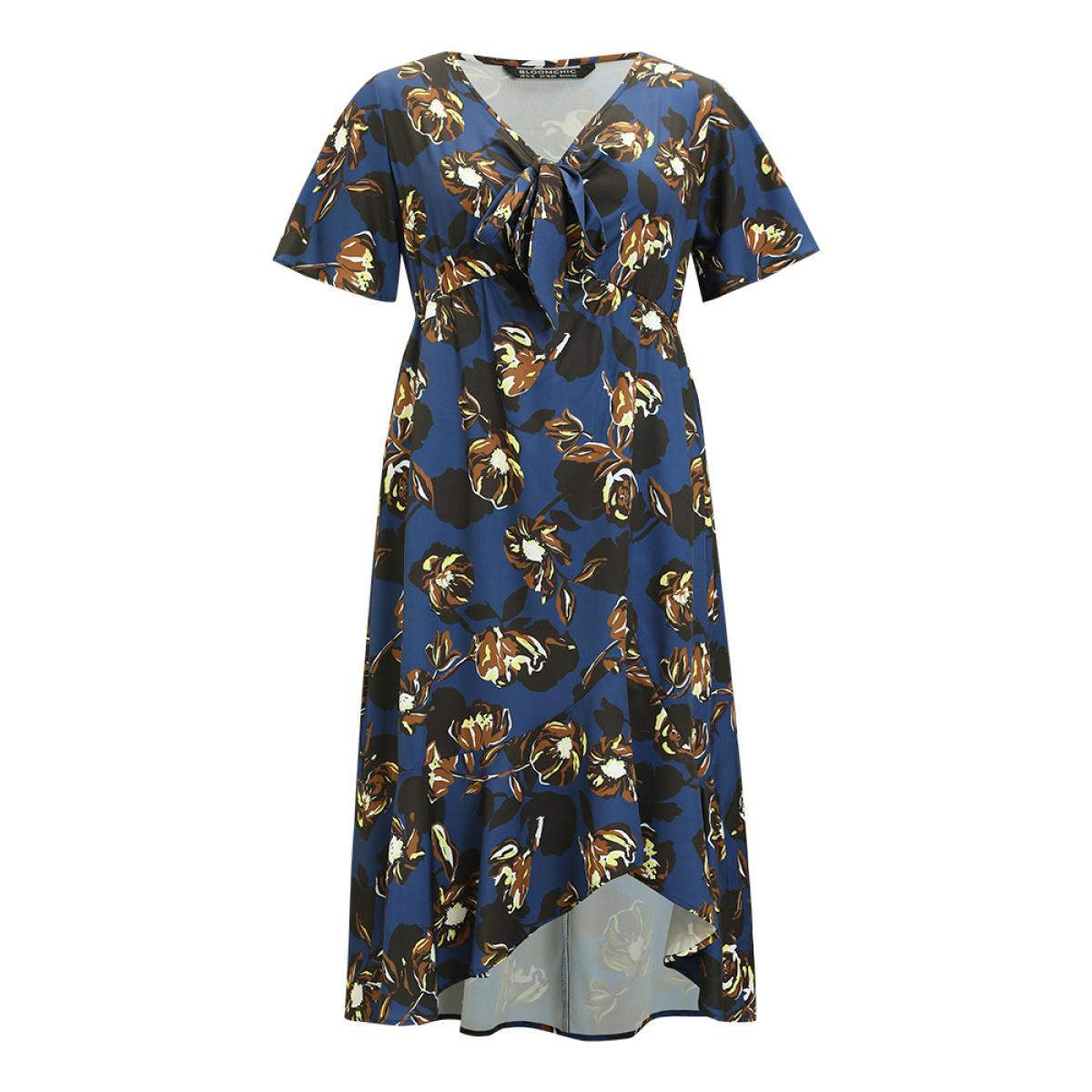 Plus Size Floral Knot Front Ruffle Sleeve Pocket Asymmetrical Hem Dress DarkBlue Women Elegant Knotted V-neck Short sleeve Curvy Midi Dress BloomChic 22-24/3X Product Image