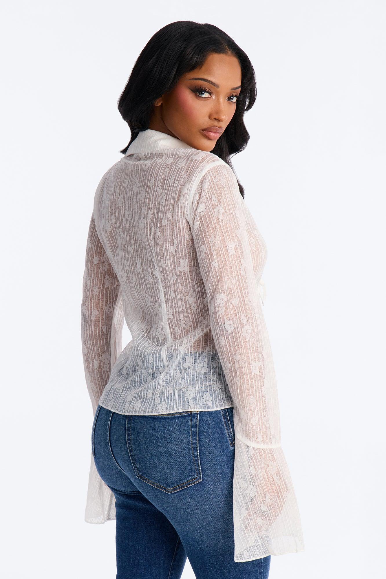 Emerson Textured Gauze Tie Long Sleeve Top - White Female Product Image