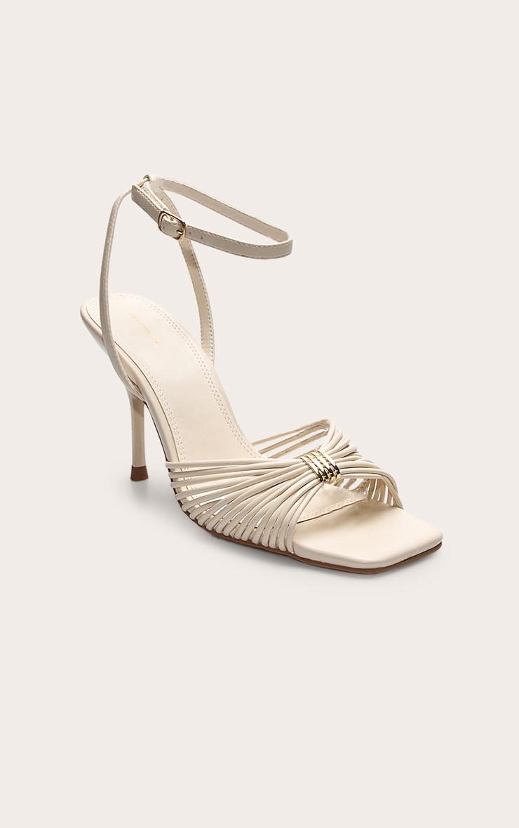 Cream Pu Square Toe Multi Strap Gold Trim High Heeled Sandals Product Image