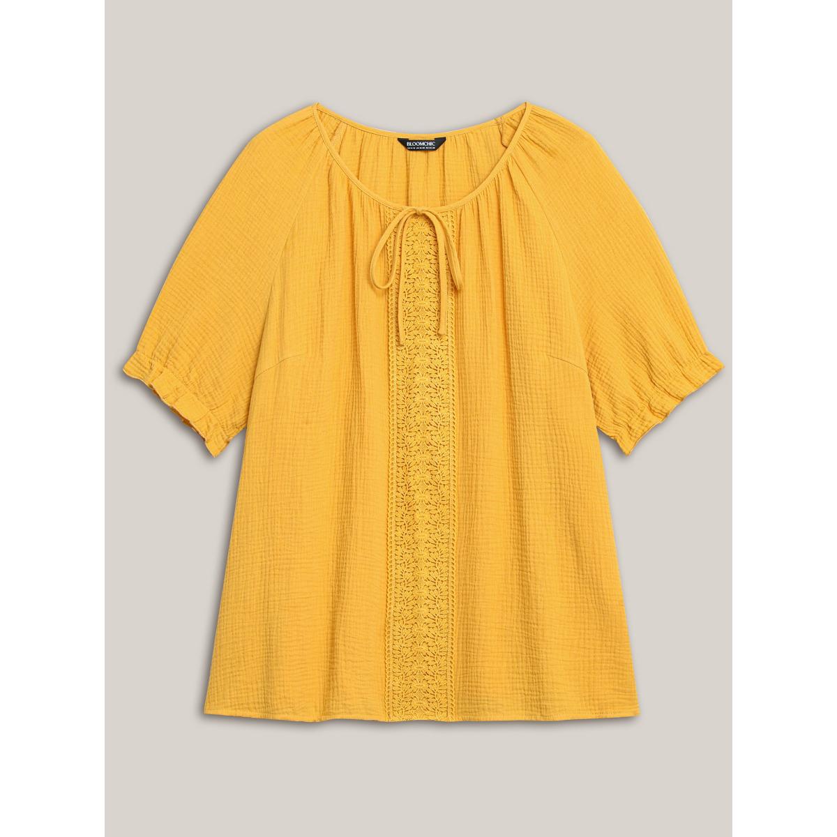 Plus Size Turmeric Pure Cotton Lace Placket Tied Blouse Women Short sleeve Round Neck Casual Blouses BloomChic 28/5X Product Image
