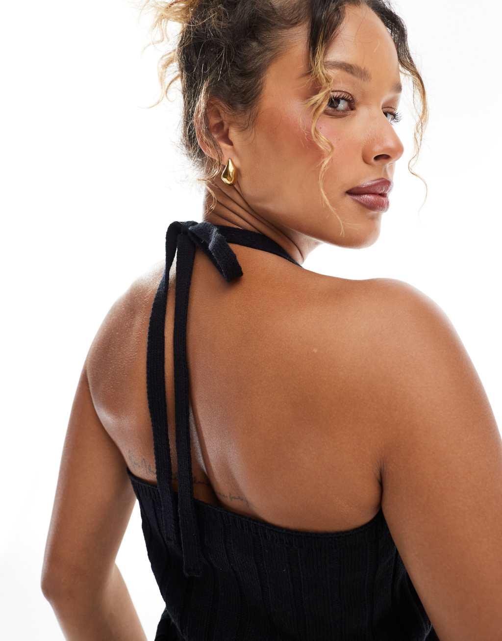 ASOS DESIGN knit wide rib halter top in black Product Image