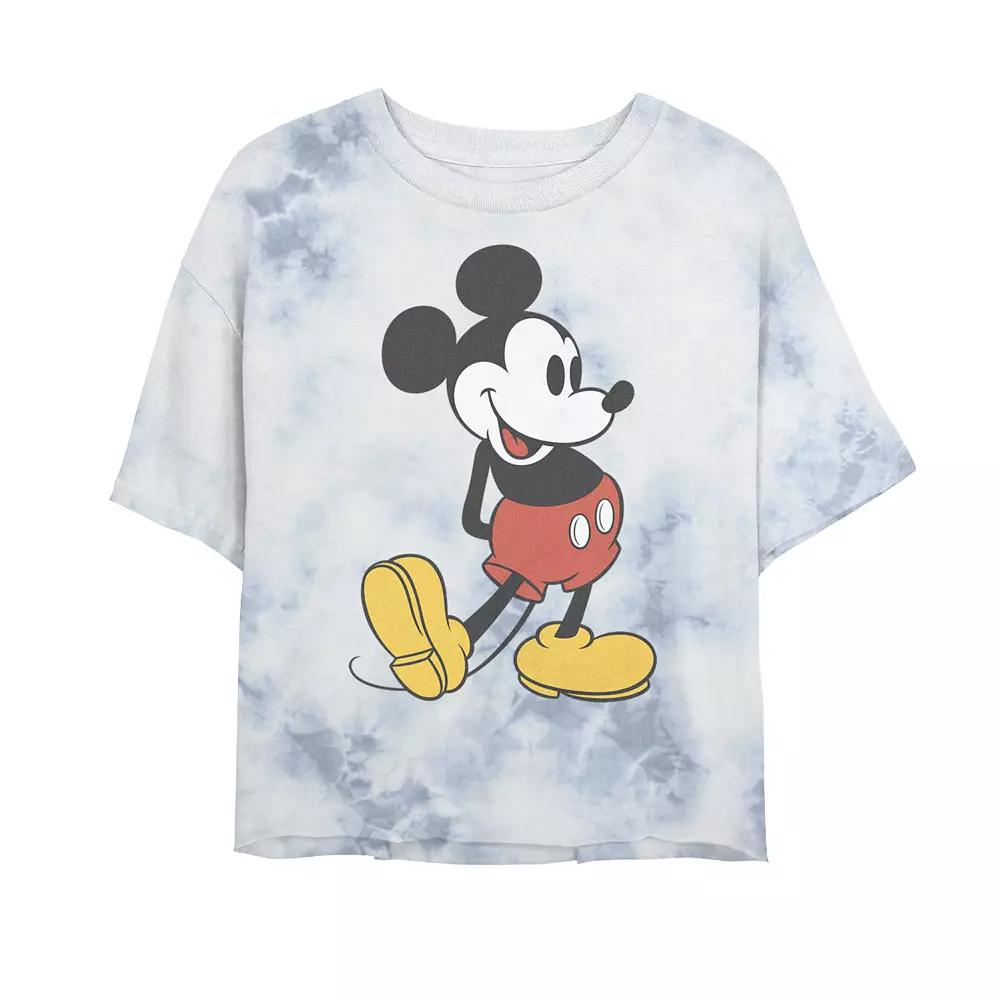Juniors' Disney Mickey Mouse Vintage Leg Kick Bombard Wash Crop Graphic Tee, Women's, Size: Large, White Blue Product Image